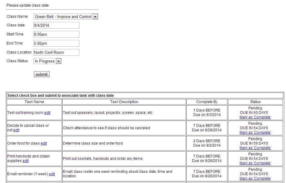 Six Sigma Lean Training Class Task Reminder System